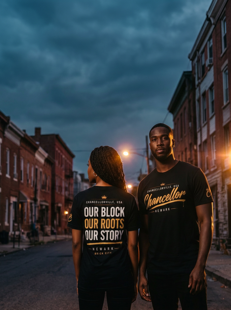 Chancellorville USA campaign — two models on a Newark rowhouse block wearing the Chancellor script and Our Block, Our Roots, Our Story apparel