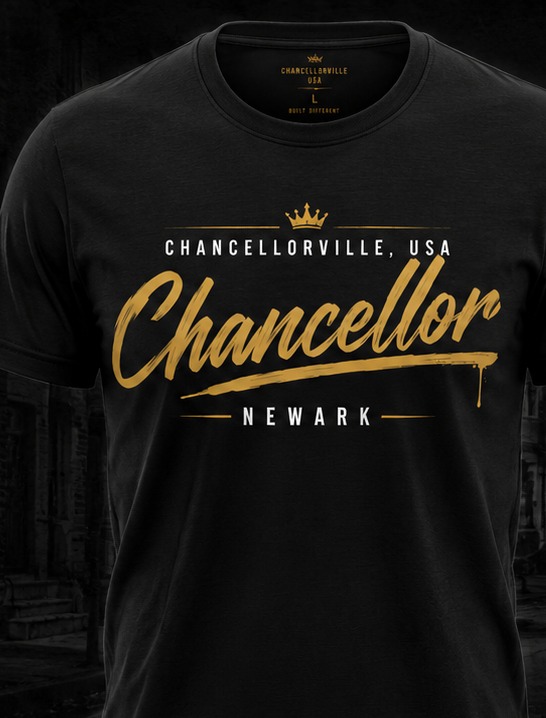 Approved Chancellor Signature tee — front script print with crown and Newark mark