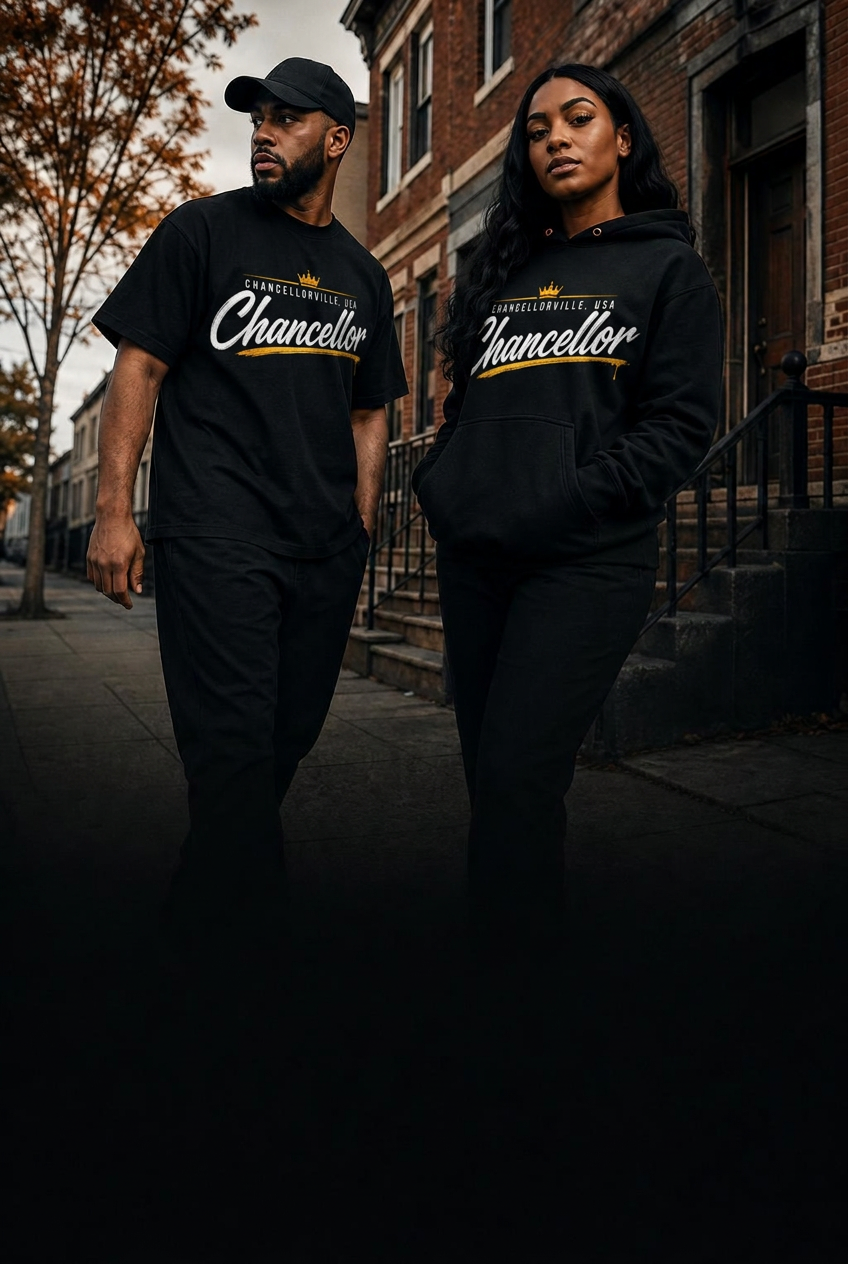 A man and a woman wearing Chancellorville USA apparel on a Newark neighborhood block