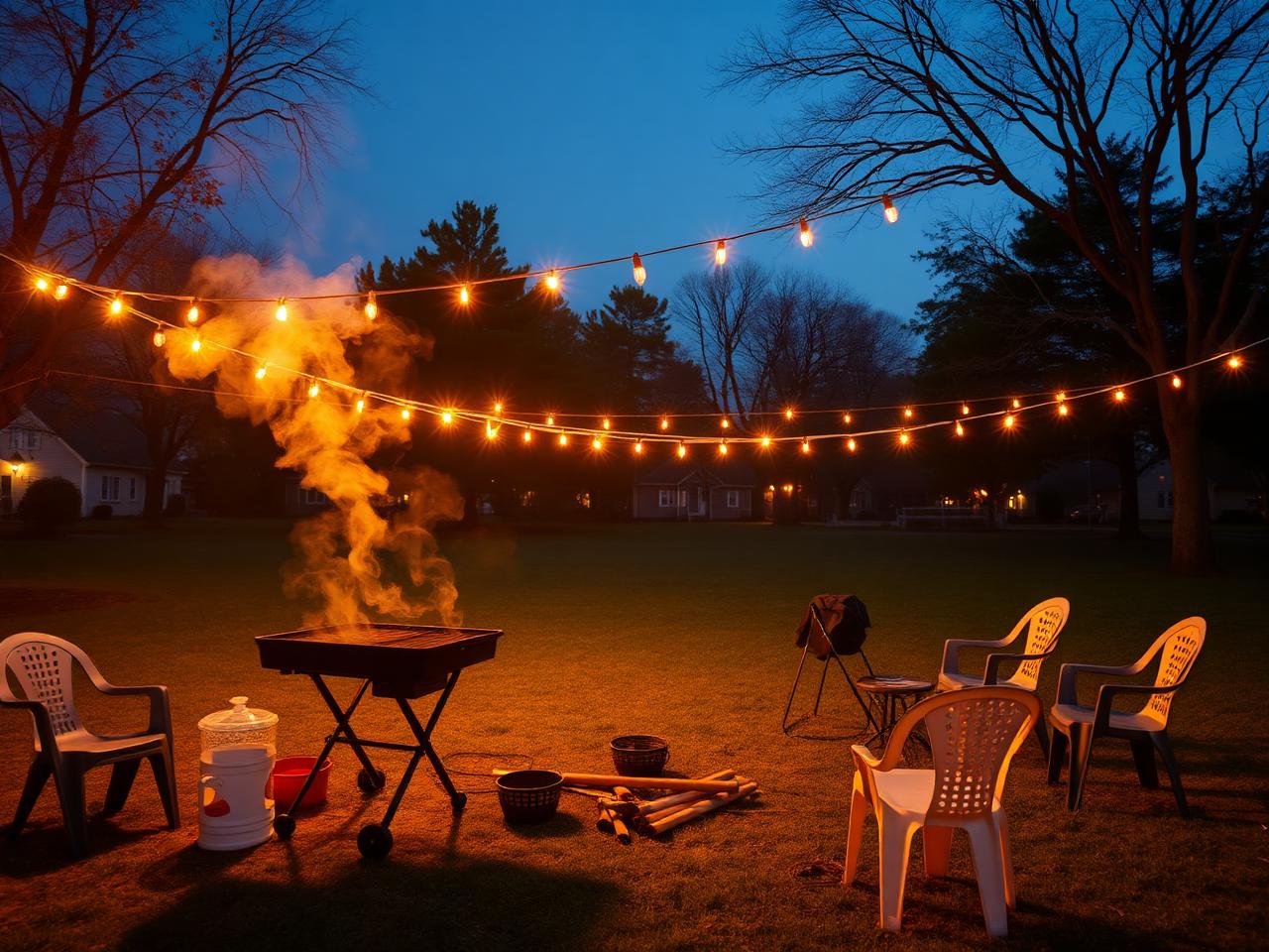 Placeholder image of a neighborhood cookout gathering at dusk