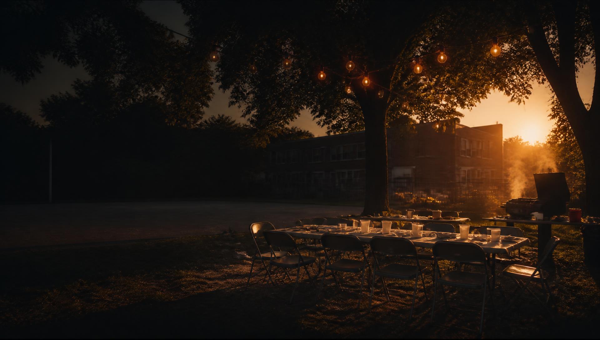 Evening community gathering space with long tables, string lights and a grill
